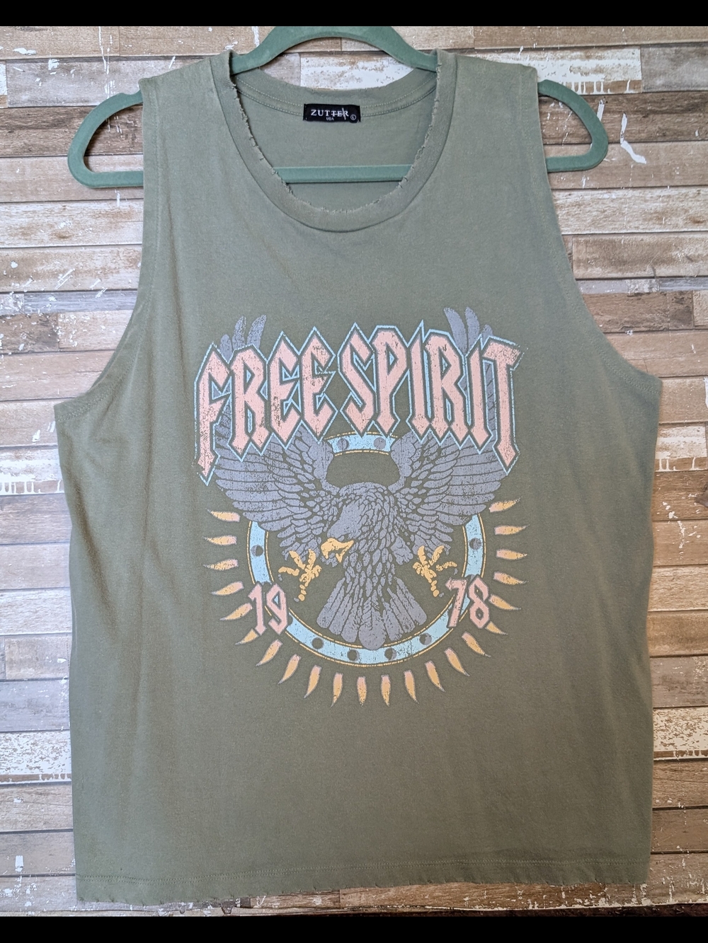 Zutter "Free Spirit" Graphic Stonewash Green W Distressing At Neck And Hem